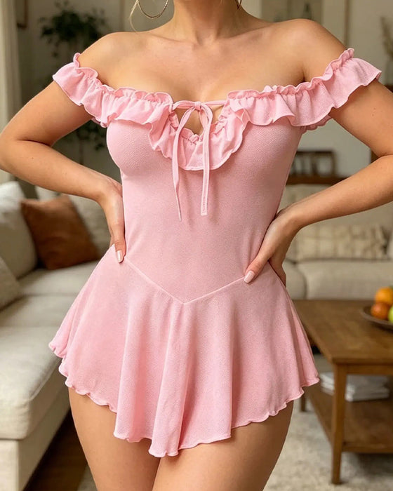 Lingerie Med Off Axeln Rynkad Snörning Nät