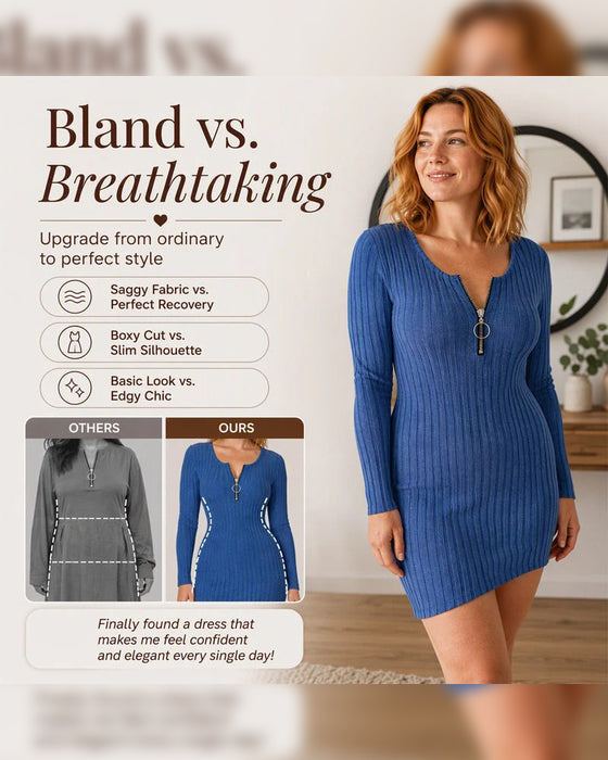 Klänning Dragkedja Ribbad Långärmad Bodycon