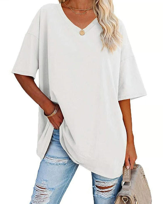 T-Shirt V-Hals Lös Casual Kort Ärm