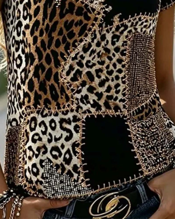 Blus Rundhals Leopard Tryck Kontrast Kort Ärm