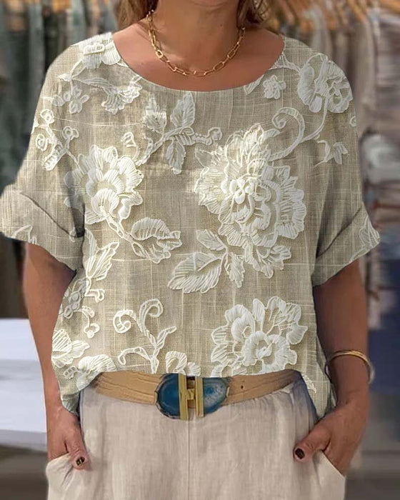 T-shirt Med Rund Hals Retro Blommig Stil