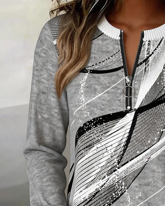 Sweatshirt Rundhals Dragkedja Linje Lång Ärm