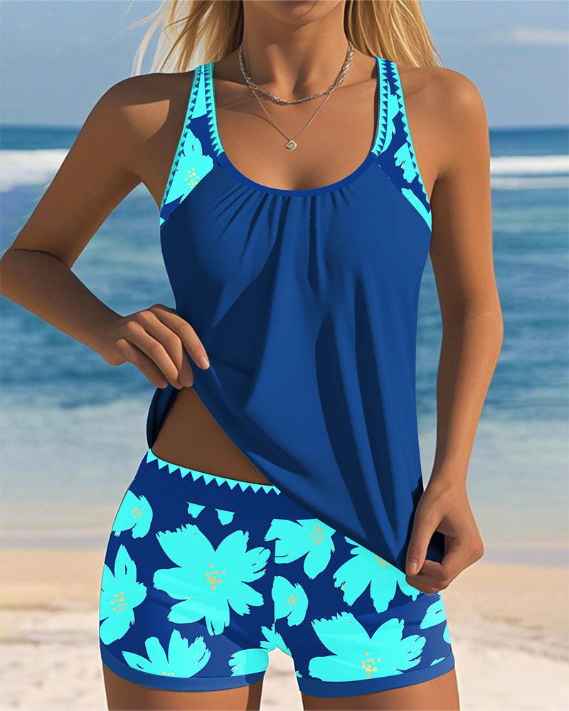 Tankini U-Hals Ärmlös Tryckt Boxertrosa