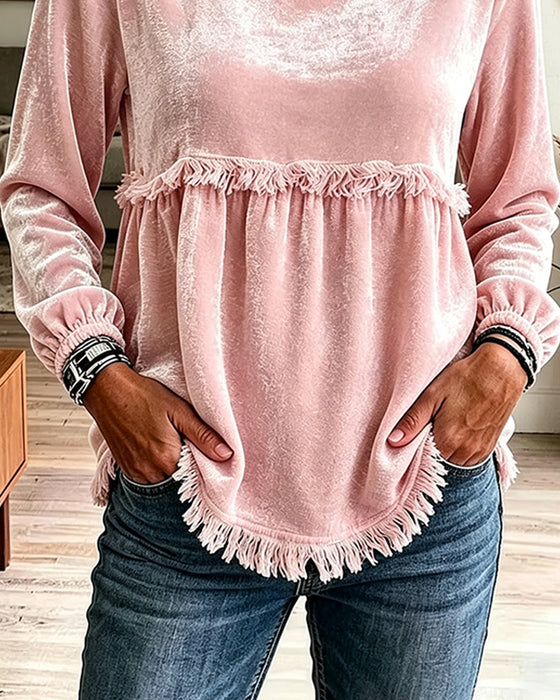 Blus Fringe Rynkad Panel Lång Ärm