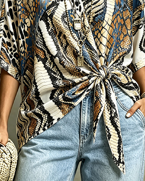 Topp Djurmönster Patchwork V-Hals Bandage