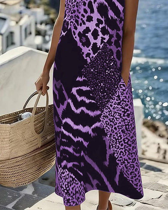 Klänning Lapptäcks Leopard Tryck Ärmlös Lång