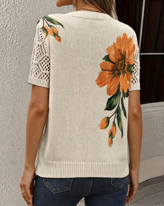 Pullover V-Ringning Stickad Blommig
