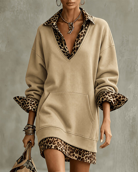 Klänning Krage V-Ringning Leopardmönster Sweatshirt