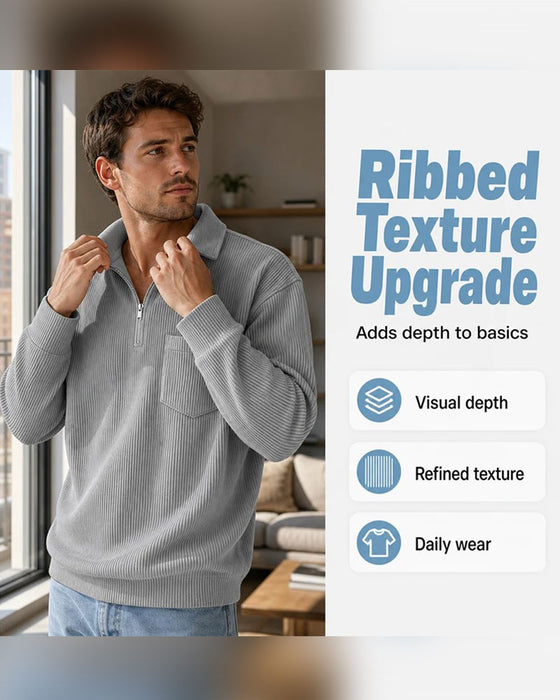 Sweatshirt Räfflad Halv Dragkedja Krage Lång Ärm