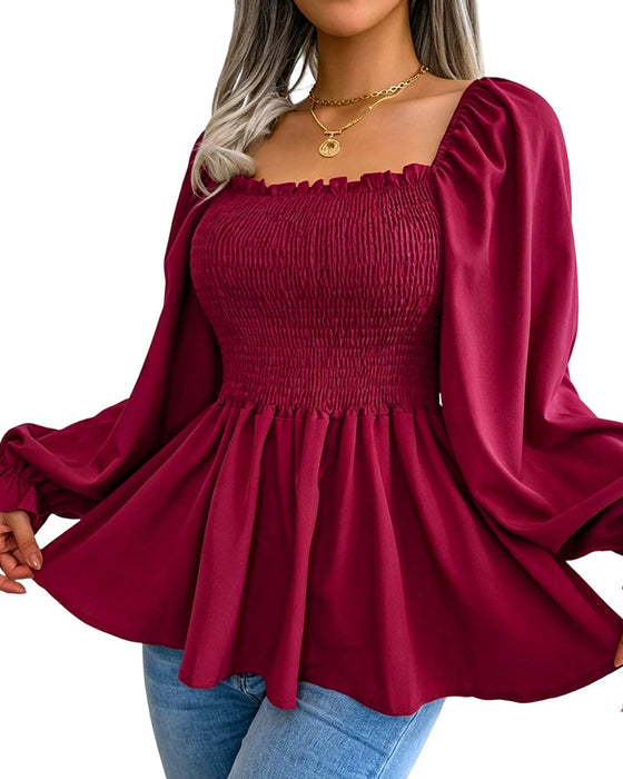 Blus Ruffs Fyrkantig Hals Lång Ärm