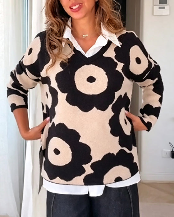 Pullover Blommönster V-Hals