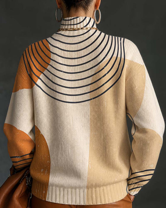 Pullover Geometrisk Linje Färgblock Hög Hals