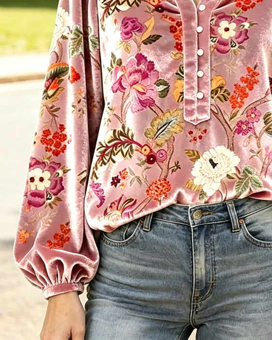 Blus V-Hals Knapp Drapad Blommig
