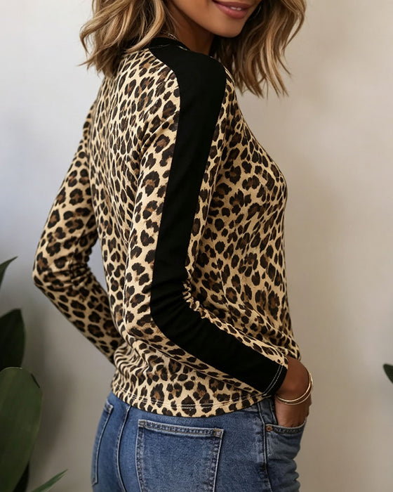 Topp Rundhalsad Leopard Färgblock
