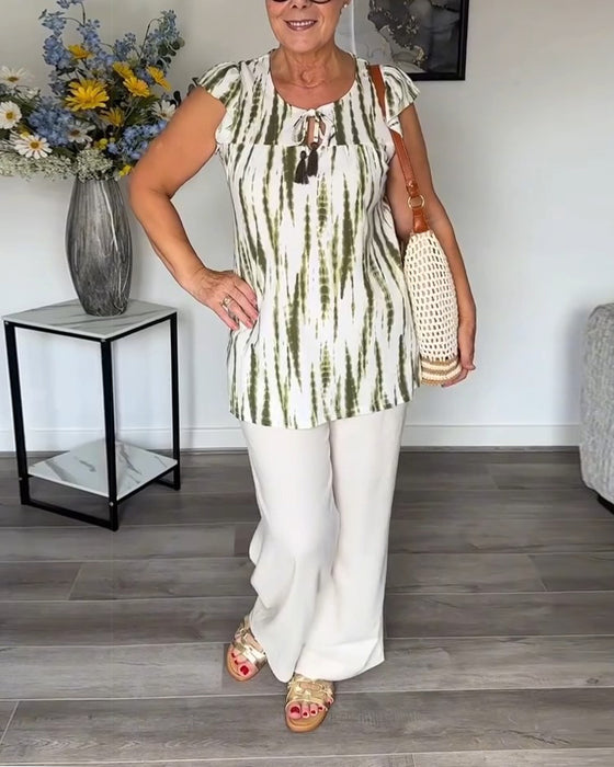 Blus Lotusblad Ärmar Tofs Tie-Dye