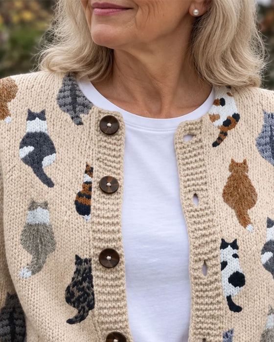 Cardigan Katt Rygg Tryck Stickad