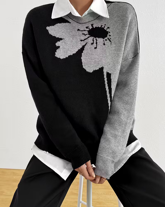 Pullover Färgblock Stor Blommig Jacquard Runda Halsen