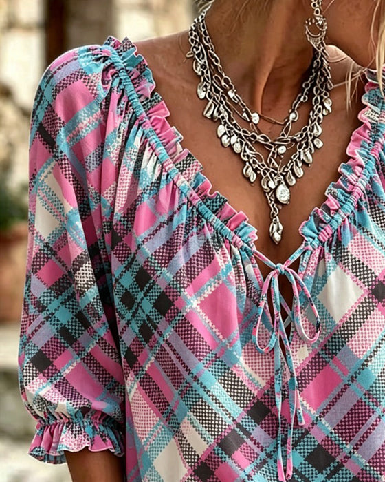Blus Rysch Kant Knytband Fram Rutig