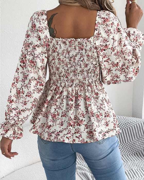 Blus Fyrkantig Hals Rynkad Blommig Ruffle