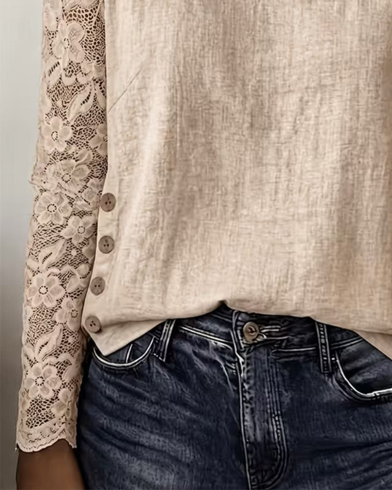 Blus Rund Halsringning Knäppt Spets Patchwork Långärmad