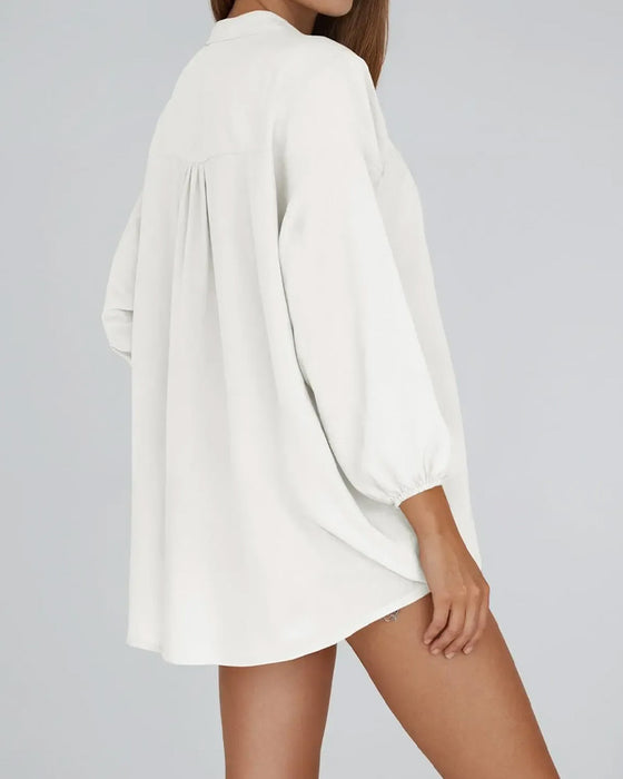 Blus V-Hals Knappning Puffärm