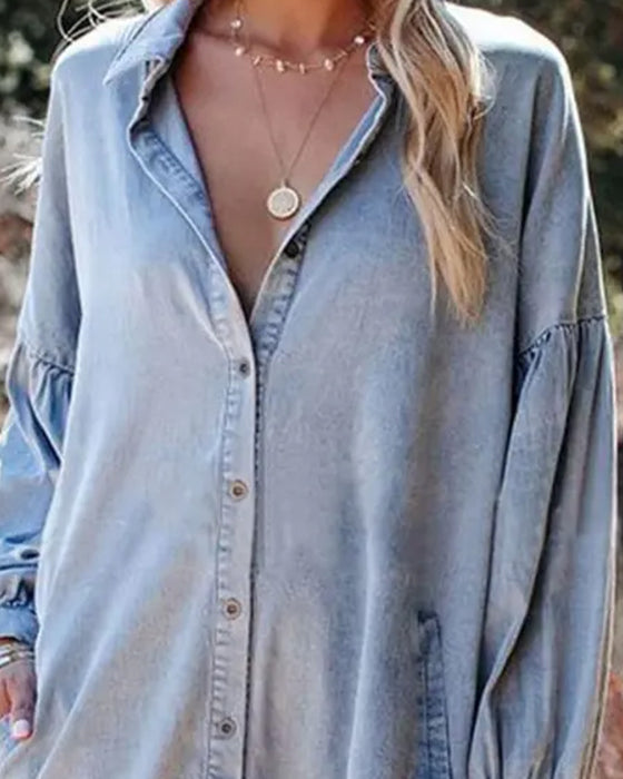 Blus Bubbel Ärm Knapp Casual