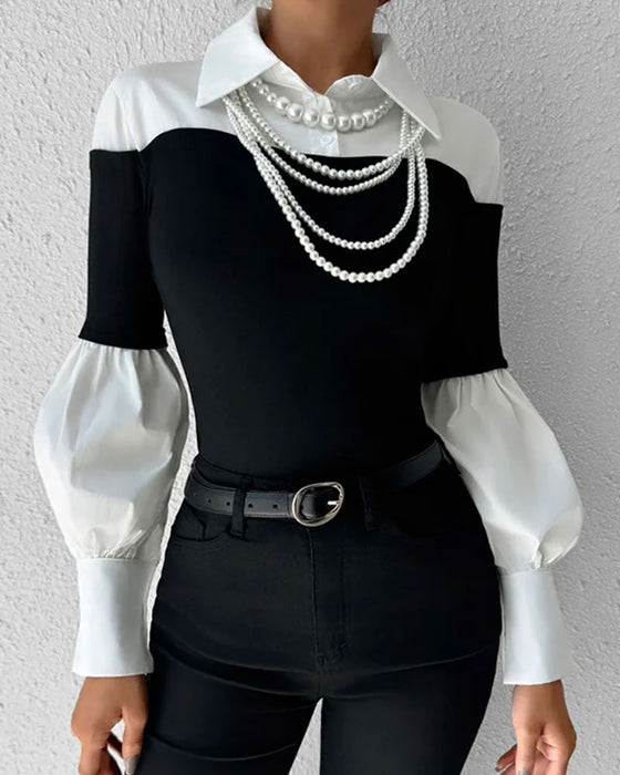 Topp Färgblock Off-Shoulder Lantern Ärm Lapptäcke