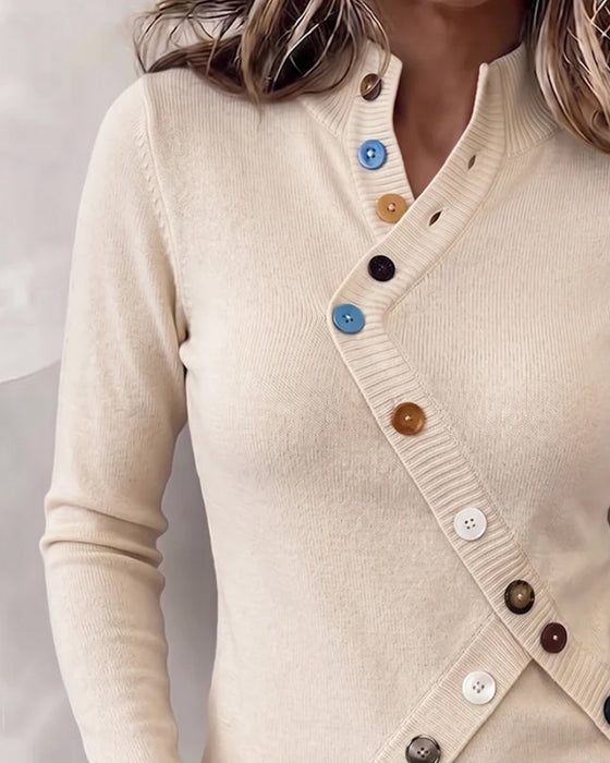 Pullover Mandarin Krage Färgblock Asymmetrisk Knapp