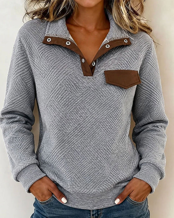 Sweatshirt Diamant Kviltad Jacquard Färgblock Krage