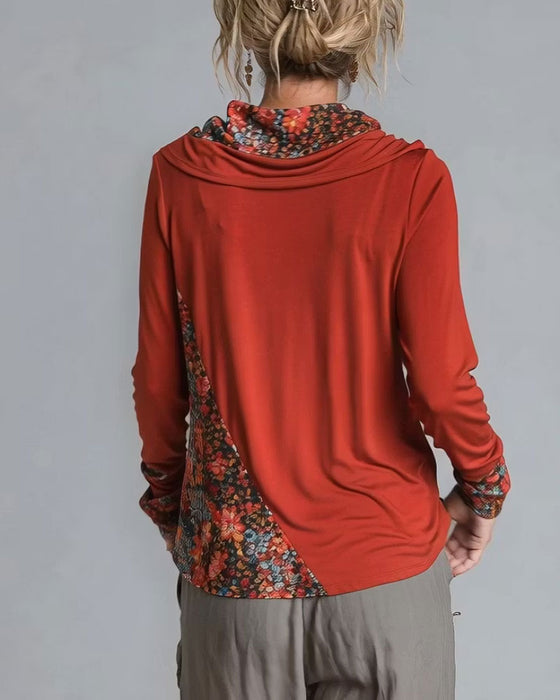Topp Slouchy Drape Hals Patchwork Lång Ärm