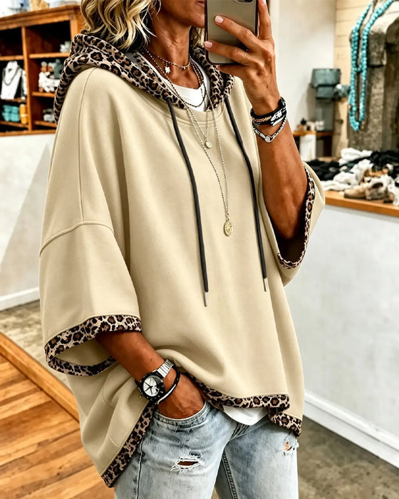 Hoodie Leopardmönster Lapptäcke Med Huva 3/4 Ärm