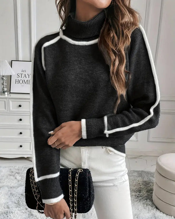 Turtleneck kontrastfärg enkel pullover tröja