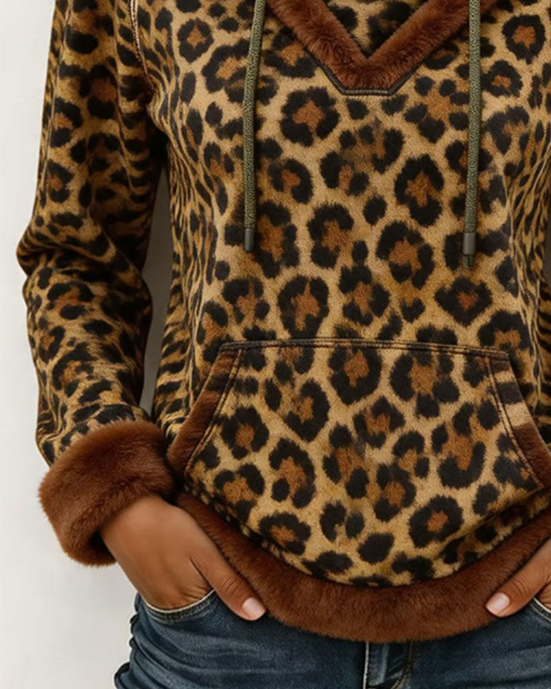 Sweatshirt Leopard Tryck Med Huva Dragsko