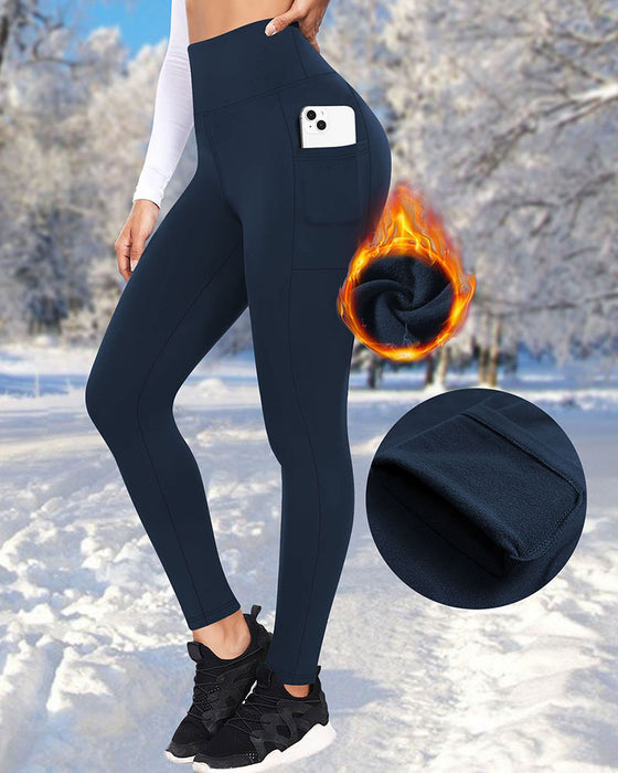 Dam Hög Midja Fleecefodrade Leggings Med Fickor