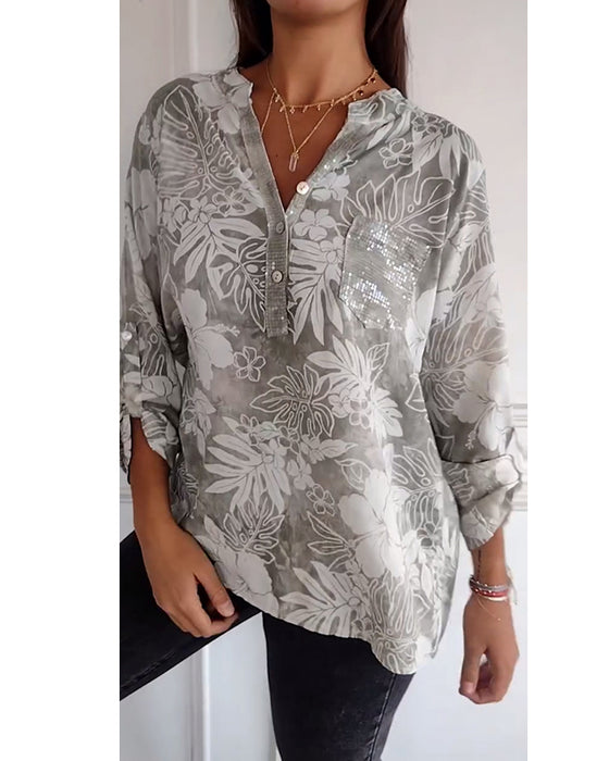 Patchwork topp med paljetter med bladtryck