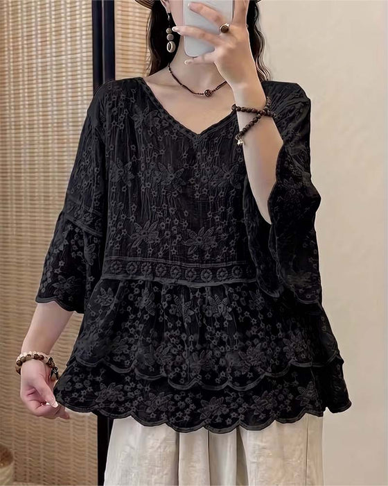 Blus Kort Ärm Spets Trim