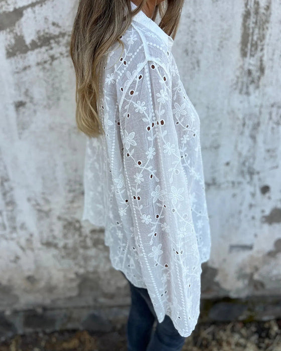 Blouse Floral Hål-Utskuren Långärmad