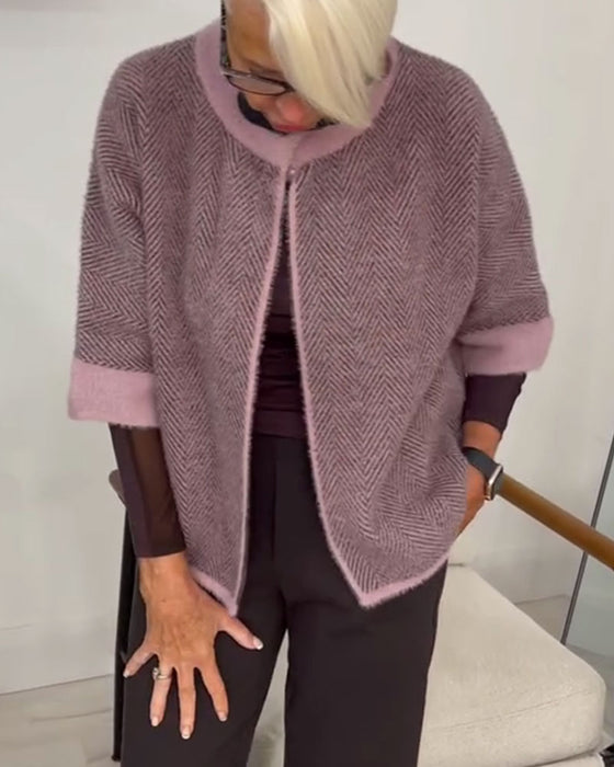 Cardigan Fiskbensmönster Färgblock Croppad Stickad