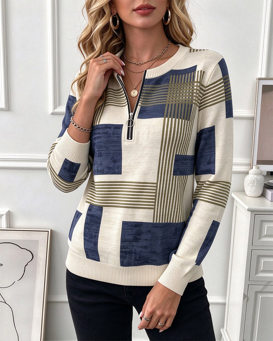 Sweatshirt Rund Halsringning Geometrisk Halv Dragkedja Stickad