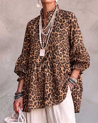Topp Leopard Tryck Rynkning Trim Knapp