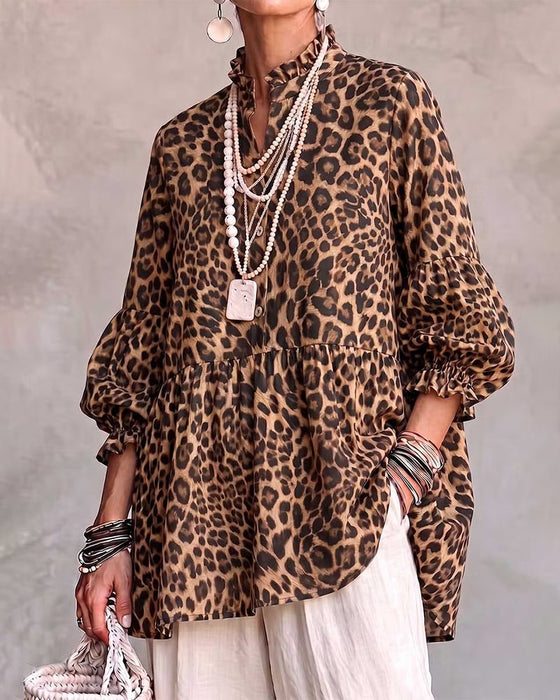 Topp Leopard Tryck Rynkning Trim Knapp