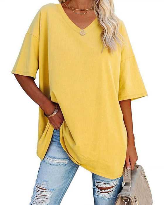 T-Shirt V-Hals Lös Casual Kort Ärm