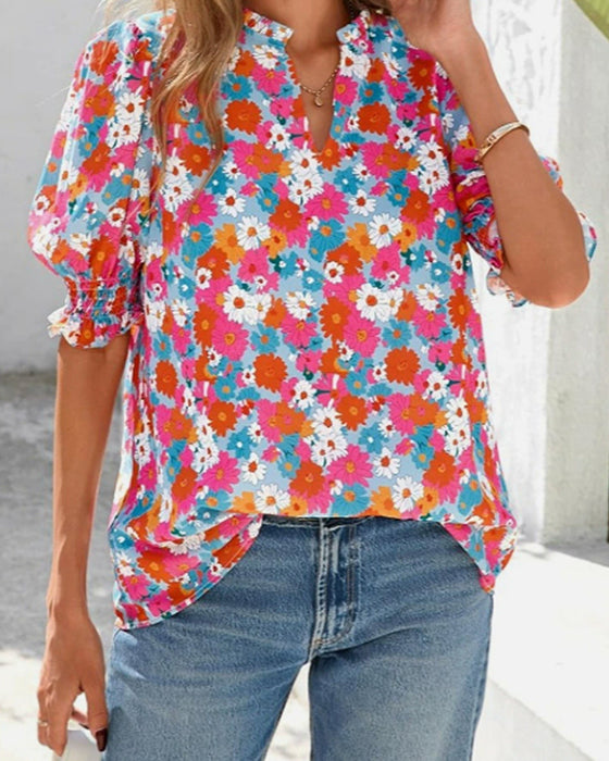 Blus Blommig Puff Kort Ärm