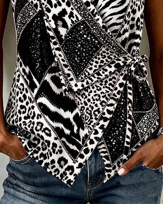Blus Leopardtryck Knytband Fram Ärmlös