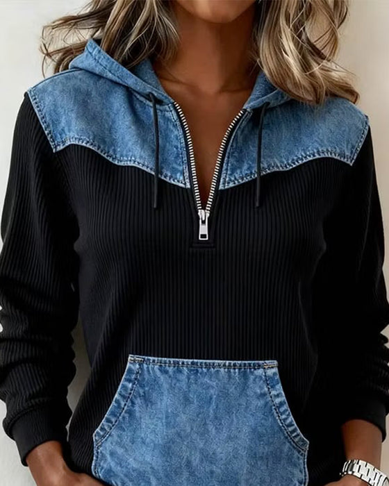 Huvtröja Dragkedja Denim Patchwork