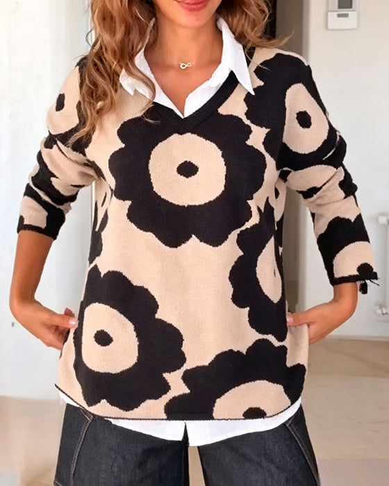Pullover Blommönster V-Hals