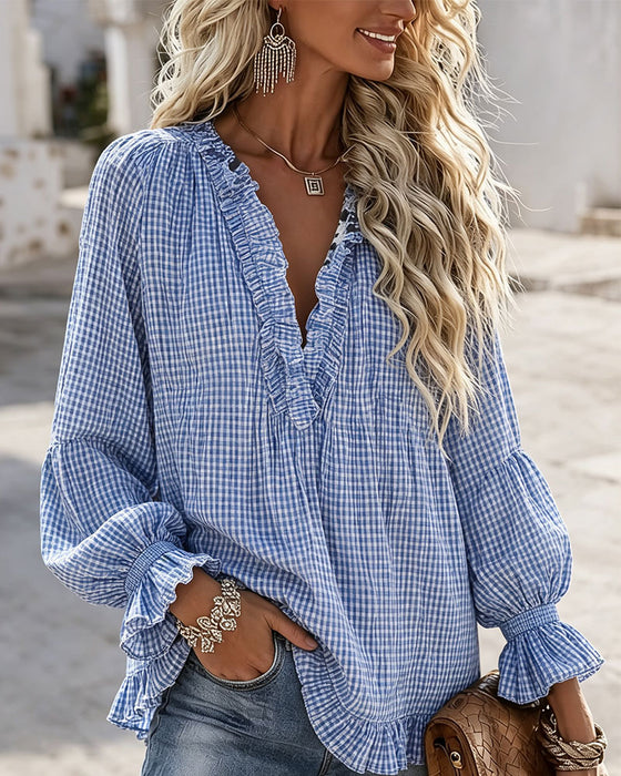 Blus Ruffle Kant Avslappnad Rutig