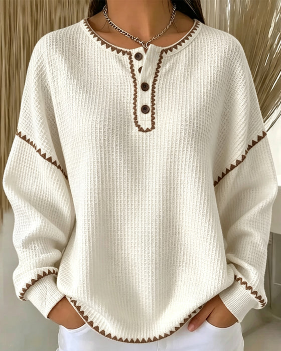 Sweatshirt Rundhalsad Knapp Casual