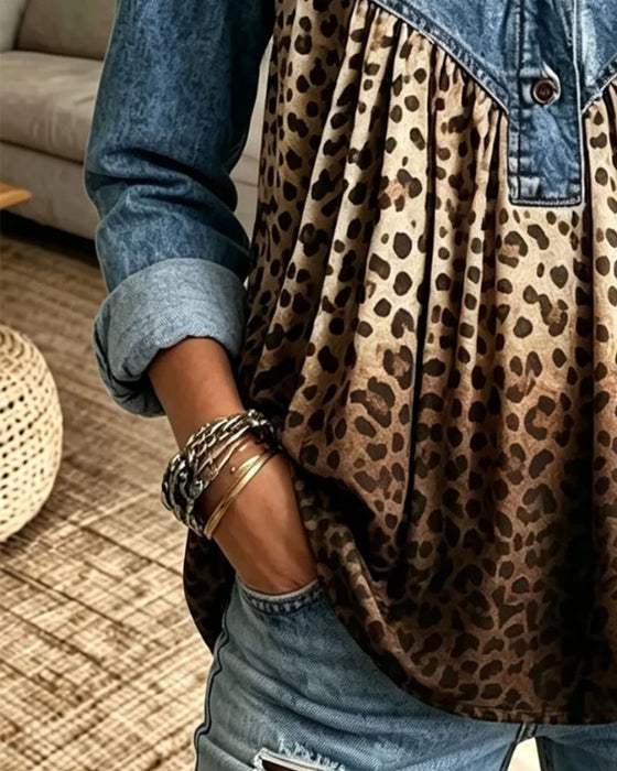 Topp Denim Leopard Tryck Lapptäcke Krage