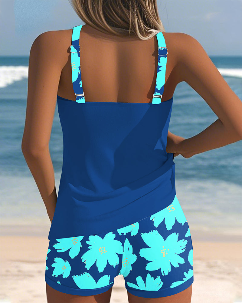 Tankini U-Hals Ärmlös Tryckt Boxertrosa